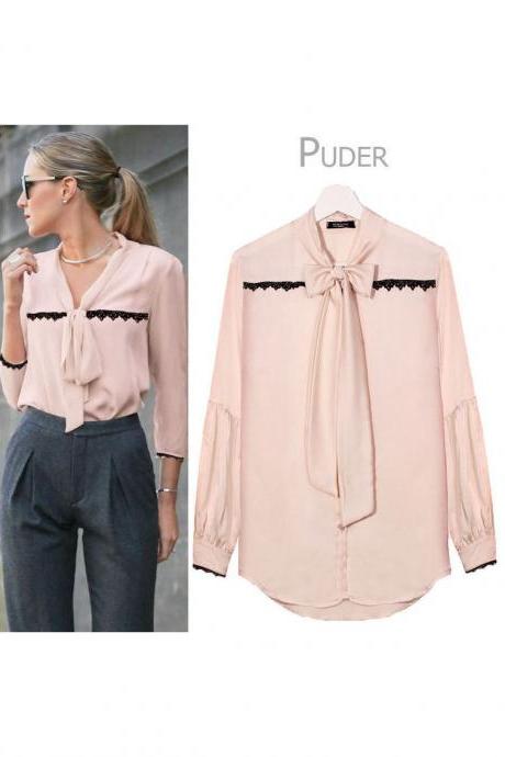 Women V Neck Ol Office Blouse Long Sleeve Tie Bow Lace Casual Female Tops Shirt Apricot Pink