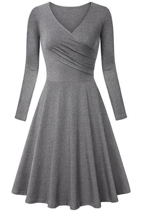 Women Casual Dress Long Sleeve V Neck Pleated A Line Work Office Party Dress gray