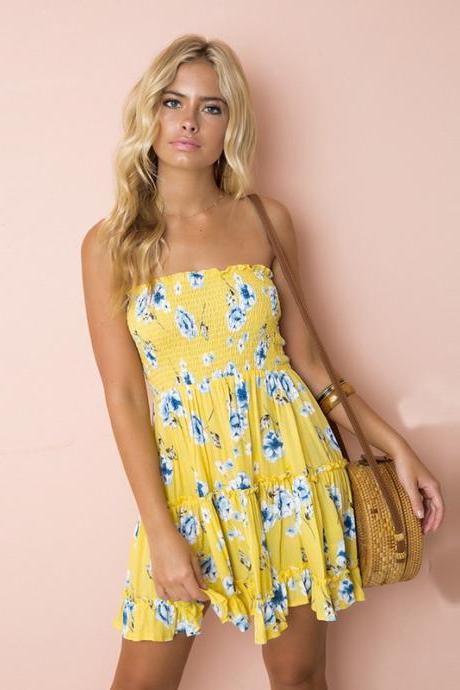 Women Summer Beach Dress Casual Bohemian Strapless Floral/Lemon Printed Ruffles Mini Dress yellow 1