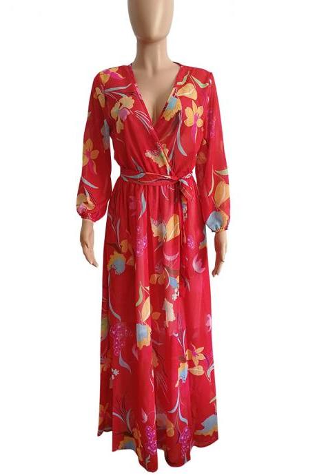  Sexy Deep V Neck Maxi Dress Beach Casual Long Sleeve Boho Floral Printed Women Long Dress red