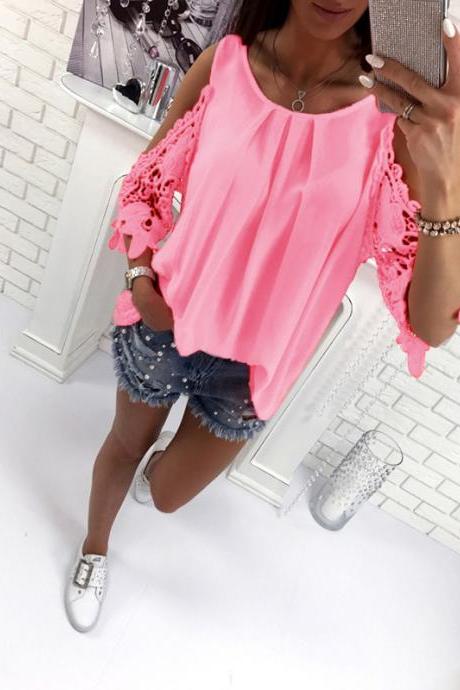 Women Blouse Summer 3/4 Sleeve Hollow Out Lace Patchwork Shirt Casual Off The Shoulder Boho Tops Pink