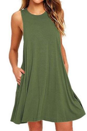 Women Casual Dress Beach Summer Sundress Sleeveless Pockets Mini Party Dress Army Green