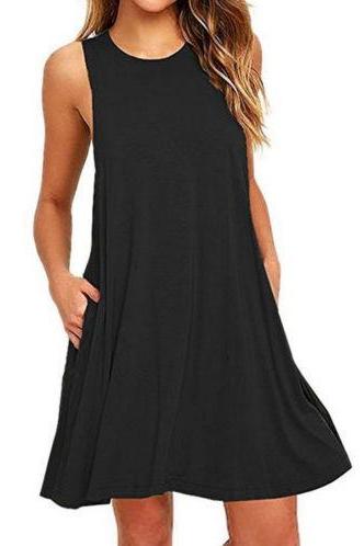 Women Casual Dress Beach Summer Sundress Sleeveless Pockets Mini Party Dress Black