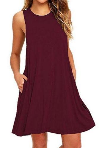 Women Casual Dress Beach Summer Sundress Sleeveless Pockets Mini Party Dress Burgundy