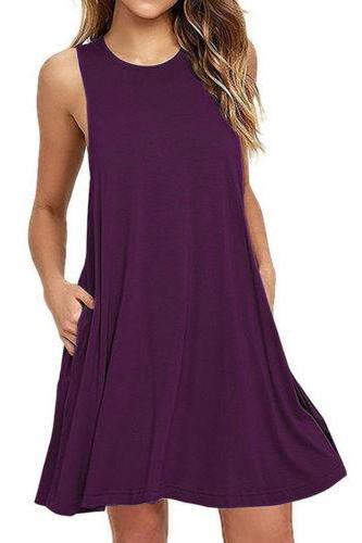 Women Casual Dress Beach Summer Sundress Sleeveless Pockets Mini Party Dress Purple
