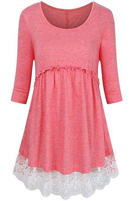 Women Tunic Blouse Cotton Half Sleeve Casual Lace Patchwork Peplum Tops T-shirt Coral