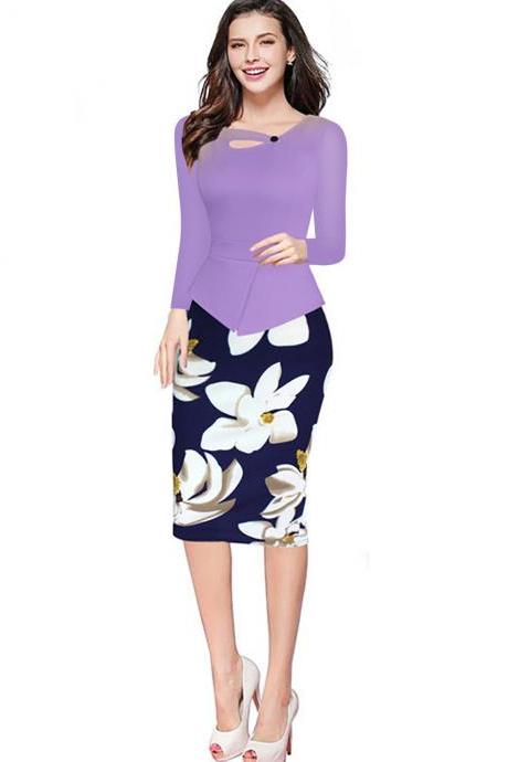 Women Floral Print Patchwork Pencil Dress Half/long Sleeve Plus Size Slim Work Ol Office Bodycon Party Dress 3#