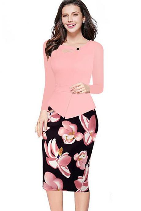 Women Floral Print Patchwork Pencil Dress Half/Long Sleeve Plus Size Slim Work OL Office Bodycon Party Dress 7#