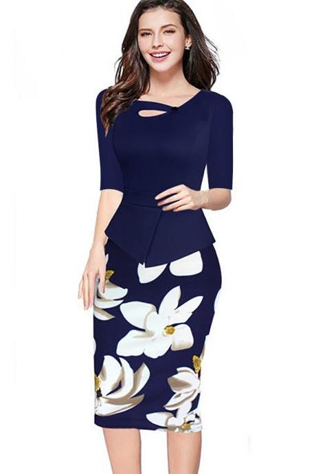 Women Floral Print Patchwork Pencil Dress Half/long Sleeve Plus Size Slim Work Ol Office Bodycon Party Dress 8#