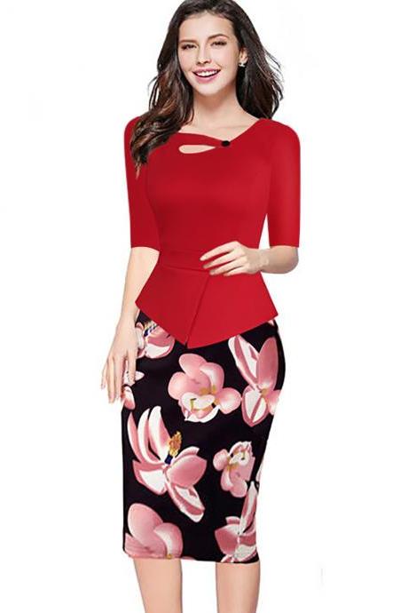 Women Floral Print Patchwork Pencil Dress Half/long Sleeve Plus Size Slim Work Ol Office Bodycon Party Dress 12#