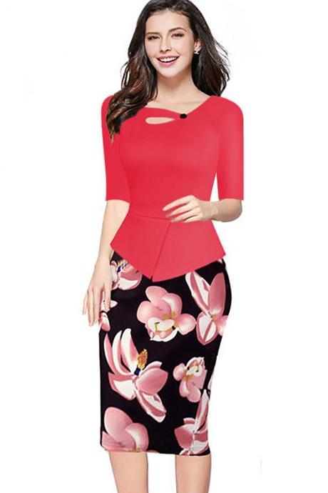 Women Floral Print Patchwork Pencil Dress Half/long Sleeve Plus Size Slim Work Ol Office Bodycon Party Dress 13#