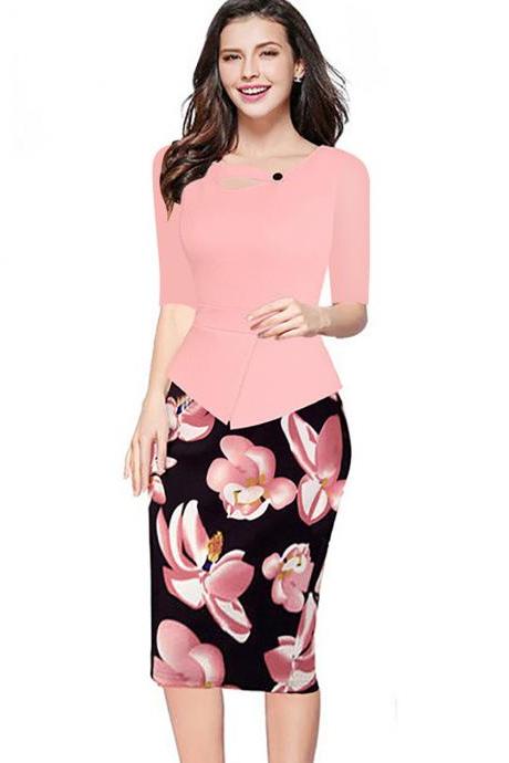 Women Floral Print Patchwork Pencil Dress Half/long Sleeve Plus Size Slim Work Ol Office Bodycon Party Dress 14#