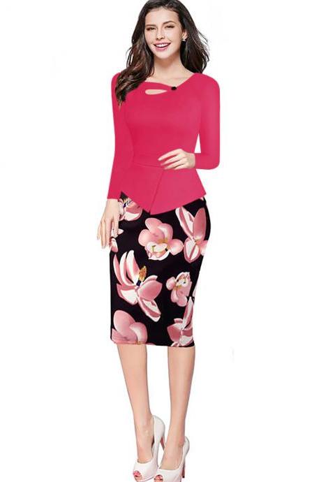 Women Floral Print Patchwork Pencil Dress Half/long Sleeve Plus Size Slim Work Ol Office Bodycon Party Dress 15#