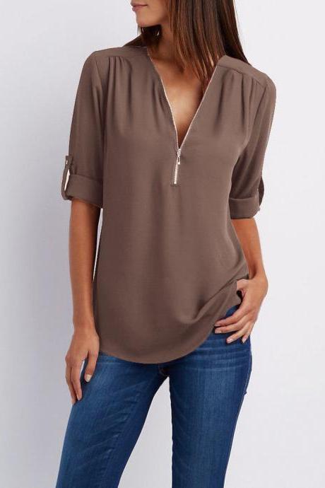 Sexy V Neck Chiffon Blouse Long Sleeve Zipper Plus Size Streetwear Casual Loose Top T-Shirt coffee