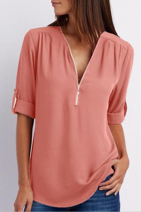 Sexy V Neck Chiffon Blouse Long Sleeve Zipper Plus Size Streetwear Casual Loose Top T-shirt Orange