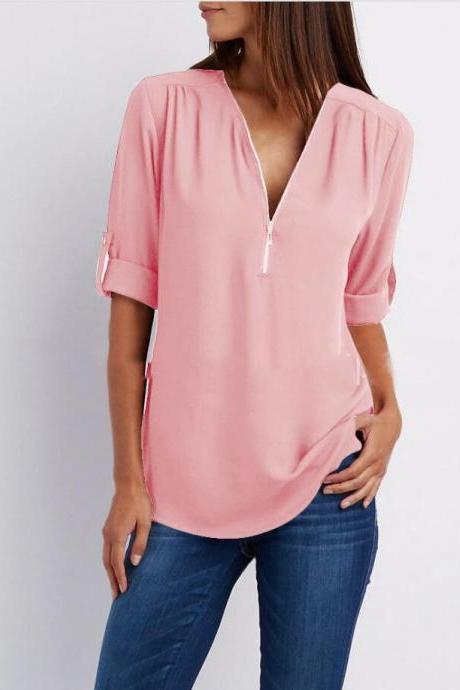 Sexy V Neck Chiffon Blouse Long Sleeve Zipper Plus Size Streetwear Casual Loose Top T-Shirt pink