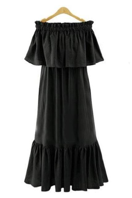 Black Ruffled Off-The-Shoulder Shift Maxi Dress, Summer Beach Dress