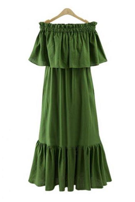 Green Ruffled Off-the-shoulder Shift Maxi Dress, Summer Beach Dress