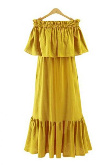 Mustard Yellow Ruffled Off-the-shoulder Maxi Shift Dress