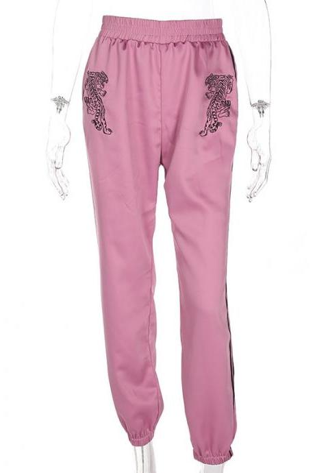 Women Harem Pants High Waist Embroidery Striped Loose Casual Trousers Sweatpants Pink