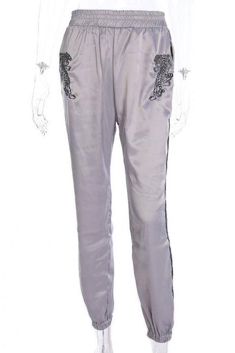 Women Harem Pants High Waist Embroidery Striped Loose Casual Trousers Sweatpants Gray