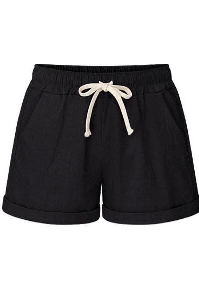 Plus Size Women Shorts Drawstring Mid Waist Loose Summer Casual Mini Harem Shorts black