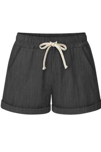  Plus Size Women Shorts Drawstring Mid Waist Loose Summer Casual Mini Harem Shorts jeans black