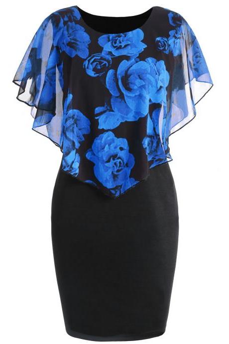 Women Bodycon Pencil Dress Summer Plus Size Cloak Sleeve Rose Printed Mini Club Party Dress blue