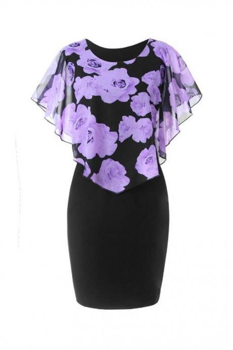 Women Bodycon Pencil Dress Summer Plus Size Cloak Sleeve Rose Printed Mini Club Party Dress lilac