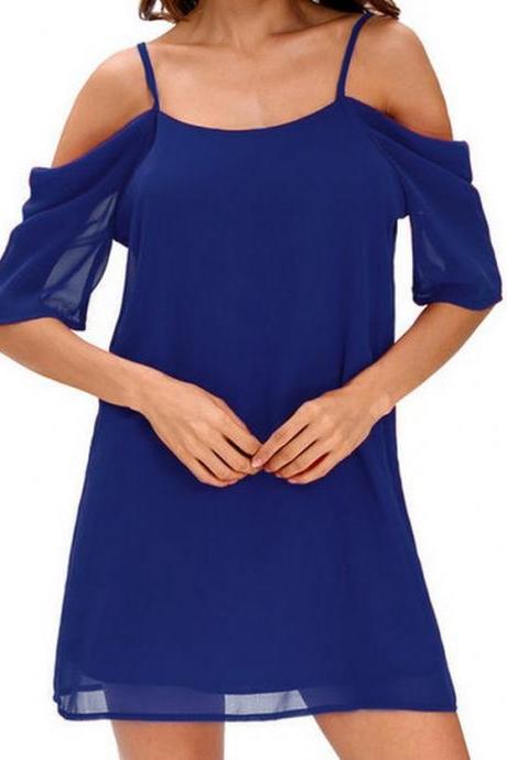 Women Chiffon Casual Dress Summer Off Shoulder Short Sleeve Mini Party Dress Royal Blue
