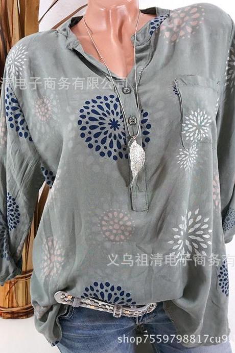 Plus Size Women Blouse V Neck Long Sleeve Button Printed Casual Tops Loose Shirt Green