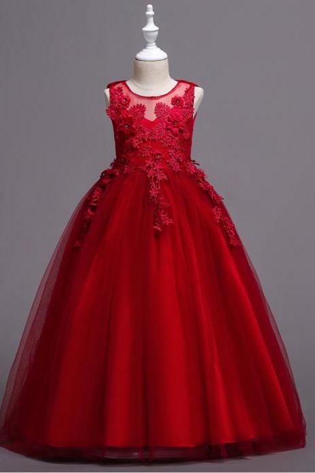 Long Lace Flower Girl Dress Teens Wedding Formal Party Gowns Children Clothes Red