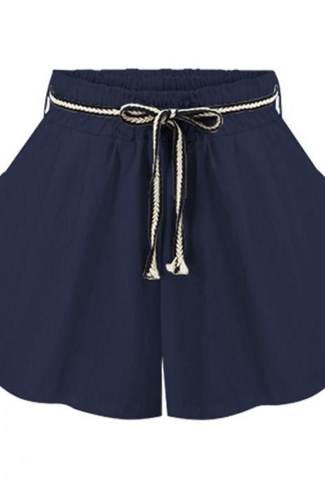 Women Wide Leg Shorts High Waist Belted Beach Summer Streetwear Loose Casual Shorts navy blue