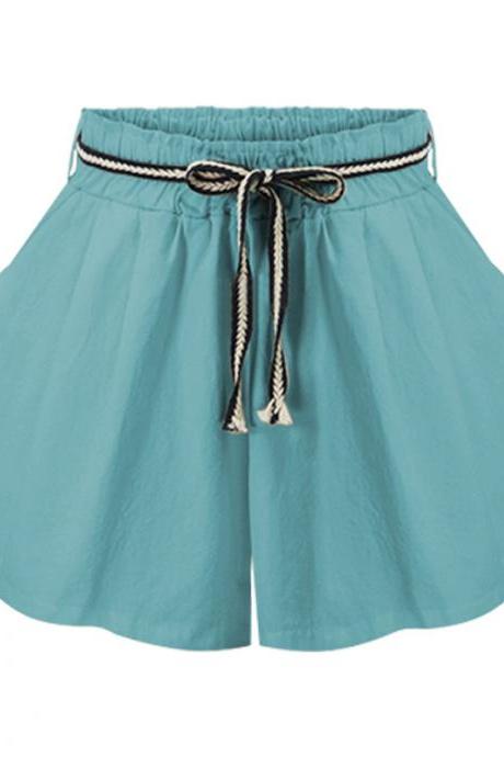 Women Wide Leg Shorts High Waist Belted Beach Summer Streetwear Loose Casual Shorts Sky Blue