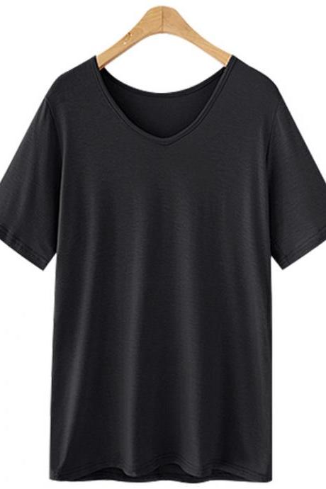  Women V Neck T Shirt Summer Short Sleeve Plus Size Casual Basic Tee Tops black