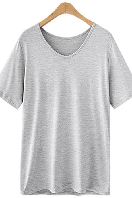 Grey Plunge V Short Sleeves T-Shirt, Basic Tee