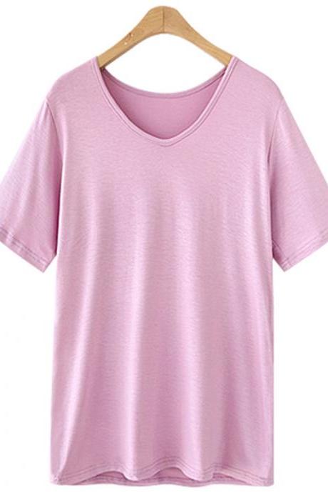Women V Neck T Shirt Summer Short Sleeve Plus Size Casual Basic Tee Tops pink