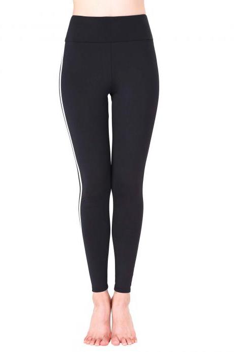 Women Yoga Striped Patchwork Leggings Slim High Waist Sports Fitness Gym Running Pants Black