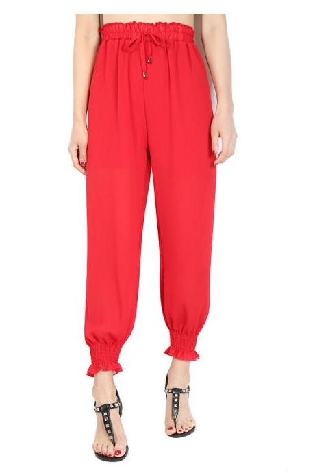 Women Chiffon Harem Pants Drawstring Ol High Waist Casual Summer Loose Trousers Red