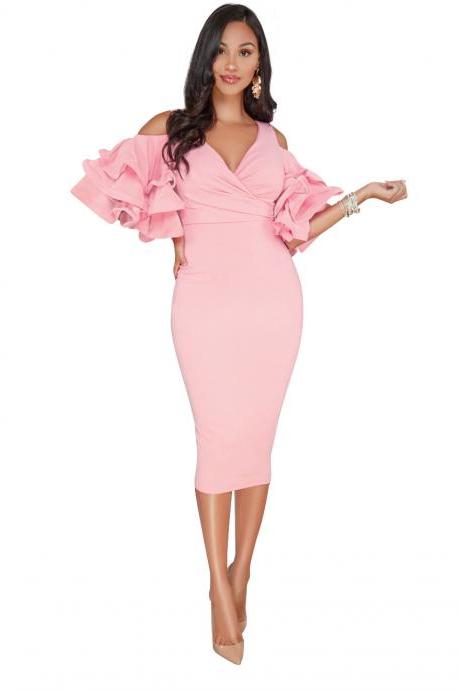 Sexy Bodycon Party Dress V Neck Ruffles Sleeve Split Off The Shoulder Slim Women Pencil Dress pink