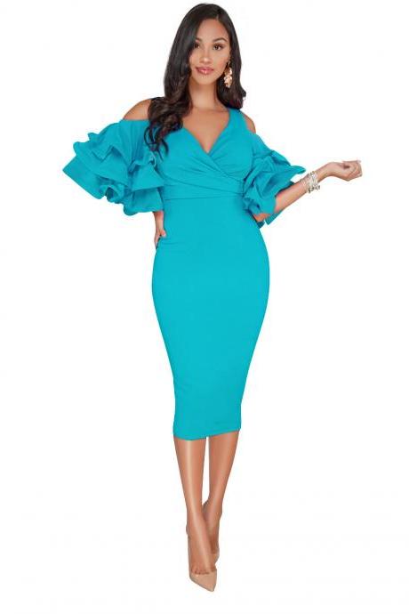 Sexy Bodycon Party Dress V Neck Ruffles Sleeve Split Off The Shoulder Slim Women Pencil Dress peacock blue