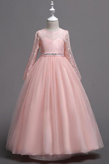Long Sleeve Lace Flower Girl Dress Beaded Weddings First Communion Long Party Gowns Kids Clothes crimson 