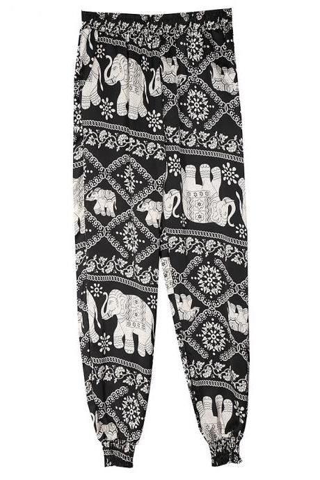 Women Harem Pants Summer Beach Elastic Waist Drawstring Loose Floral Printed Trousers14#