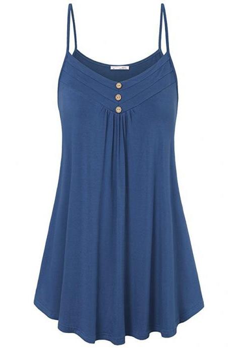Plus Size Women Tank Tops Summer Casual Spaghetti Strap Button Vest Sleeveless T Shirt Dark Blue