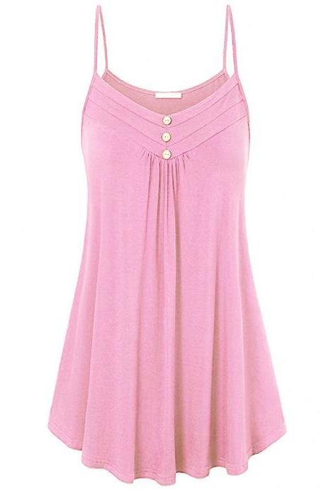 Plus Size Women Tank Tops Summer Casual Spaghetti Strap Button Vest Sleeveless T Shirt Pink