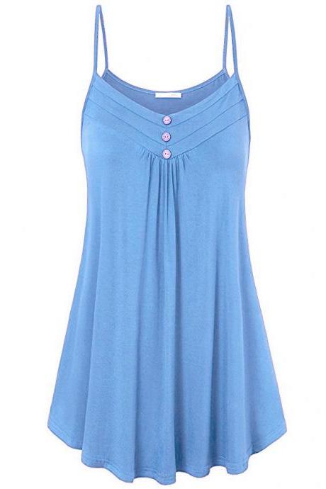 Plus Size Women Tank Tops Summer Casual Spaghetti Strap Button Vest Sleeveless T Shirt sky blue