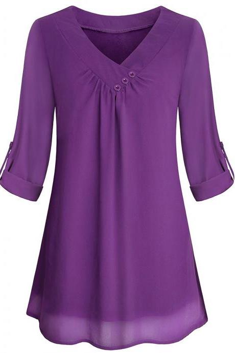 Women Chiffon Loose Blouse V Neck 3/4 Sleeve Button Casual Tops Shirt Purple