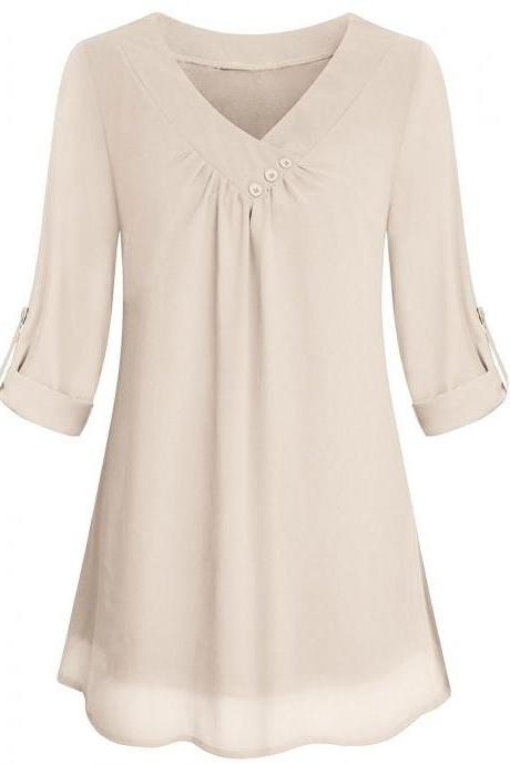 Women Chiffon Loose Blouse V Neck 3/4 Sleeve Button Casual Tops Shirt apricot