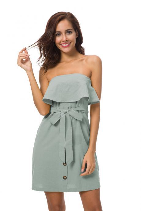  Women Summer Mini Dress Ruffles Strapless Buttons Belted Club Party Sundress pale green
