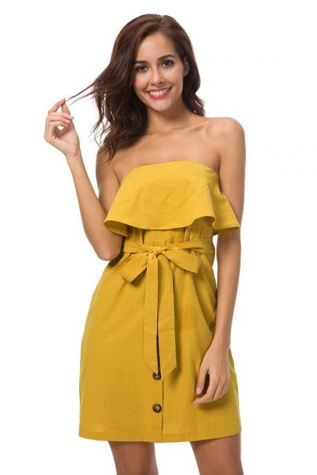  Women Summer Mini Dress Ruffles Strapless Buttons Belted Club Party Sundress yellow